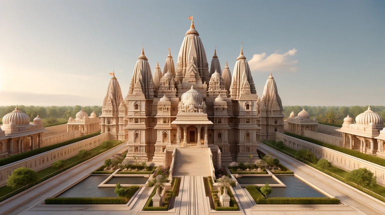 DALL·E-2024-04-03-13.22.32-A-grand-traditional-Hindu-temple-representing-Ayodhyas-temple-architecture.-It-should-feature-tall-spires-and-domes-elaborate-carvings-on-the-wall