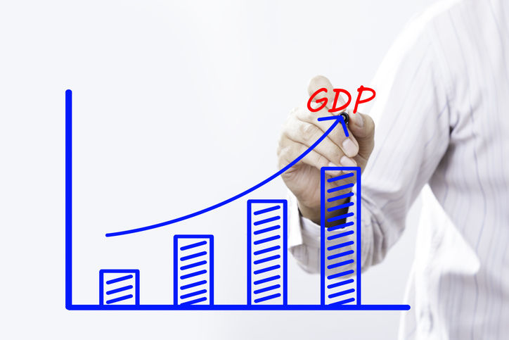 “GDP” text with hand of young businessman point on virtual graph Blue line and bar showing on increasing with background -business, finance, salary, crisis, and development concept