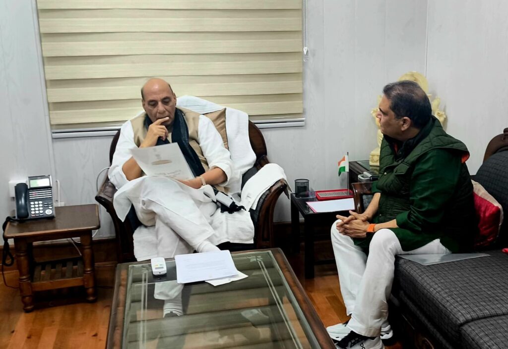 Pic 2 MP Sanjeev Arora meets Defence Minister Rajnath Singh in New Delhi on Thursday